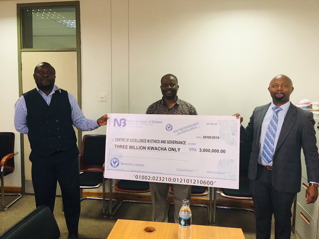 A huge thanks goes out to the National Bank of Malawi for giving the Center for Excellence in Ethics and Governance K3,000,000.00. Your donation will go a long way to rebuilding moral capital in Malawi.  @unimacom <a href="/MfutsoBengo/">Prof.  Joseph Mfutso-Bengo</a> #nbm #ceeg #thebankofthenation