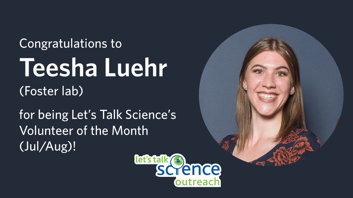 ubcmsl's tweet photo. Congrats to Teesha Luehr from the #FosterLabUBC for being @LetsTalkScience's Volunteer of the Month (Jul/Aug). Teesha took a leadership role at 
this year’s Let’s Talk Science Challenge. She helped organize the event &amp; made sure that everything ran smoothly. Nice work @tcluehr! https://t.co/QBqv5m2SKq