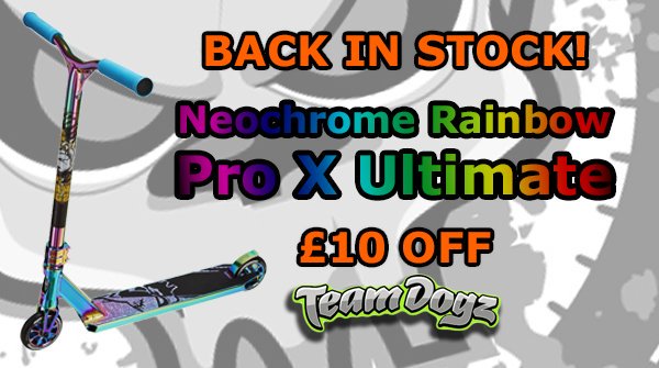 Team_Dogz's tweet photo. BACK IN STOCK Team Dogz Pro X Ultimate - Neochrome Rainbow
Get yours now, still on offer with £10 OFF! #scooter #scootering #teamdogz #neochrome #stuntscooter #summer2019

https://t.co/aCZvW0YW4q…/pro-x-ultimate-rainbow-scooter https://t.co/pYrvBNgRT2