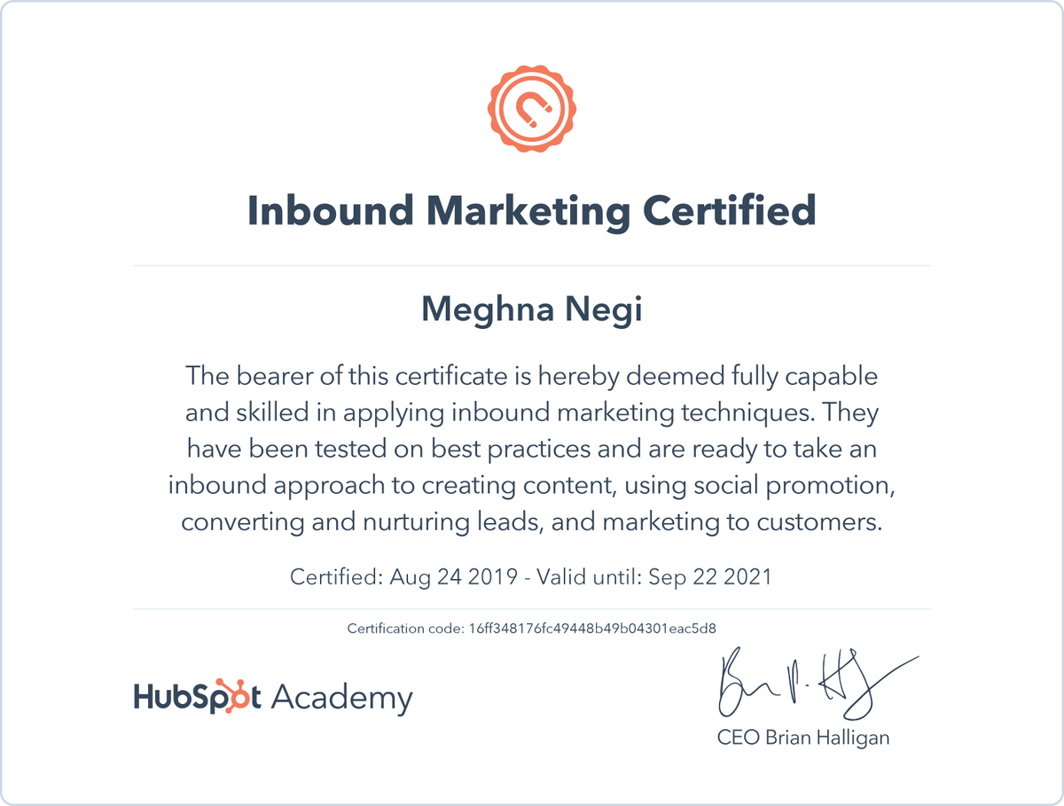 meghna_negi's tweet photo. Wohoo..!!! Hubspot Inbound Marketing Certified! 🙌😍
Thank you @HubSpotAcademy #InboundMarketing #hubsp
#marketingstrategy #hubspot https://t.co/Gxv2MuRjVA