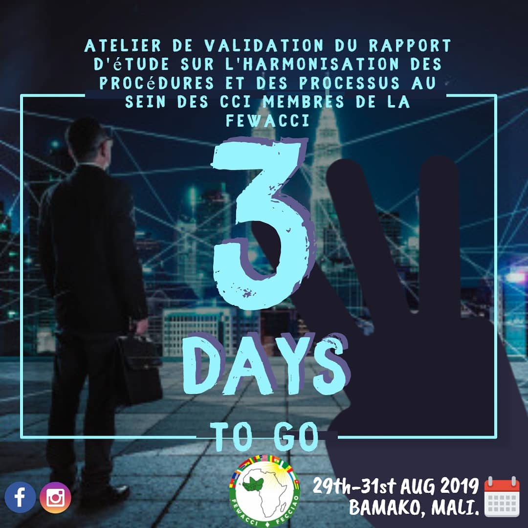 FecciaoFewacci's tweet photo. Validation workshop of the Study Report on Harmonization of Procedures and Processes in FEWACCI CCIs,
Location: Bamako, 29-31 August 2019.
Participants: Directors General / Secretary Generals of the CCI
#fewacci #workshop #commerce #industry #Mali https://t.co/XE6ulUBXX2