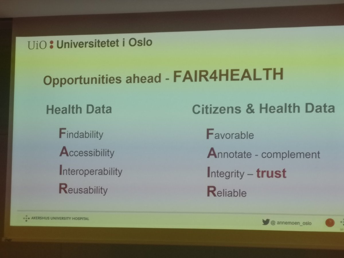 FAIR for citizen health data, nice touch by Anne Moen <a href="/Fair4Health/">FAIR4Health</a> #MedInfo2019