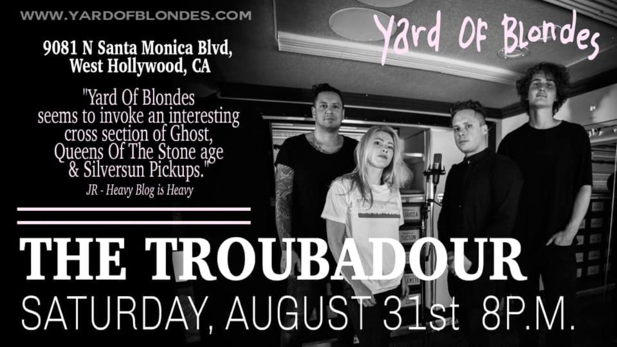 YardOfBlondes's tweet photo. LOS ANGELES: DISCOVER @yardofblondes Sat. August 31 @theTroubadour 🔥Get ready to #rock #grunge 👊 buy ur tix early = cheaper✌️: https://t.co/FCYyiGyWd3

#LAfriends @LAOnLock @LosAppeal @joelmark @GrammyPierre @underadeadsky @SpacelandLA  @30DaysofMusic @BradElterman https://t.co/HJP69lKCyD