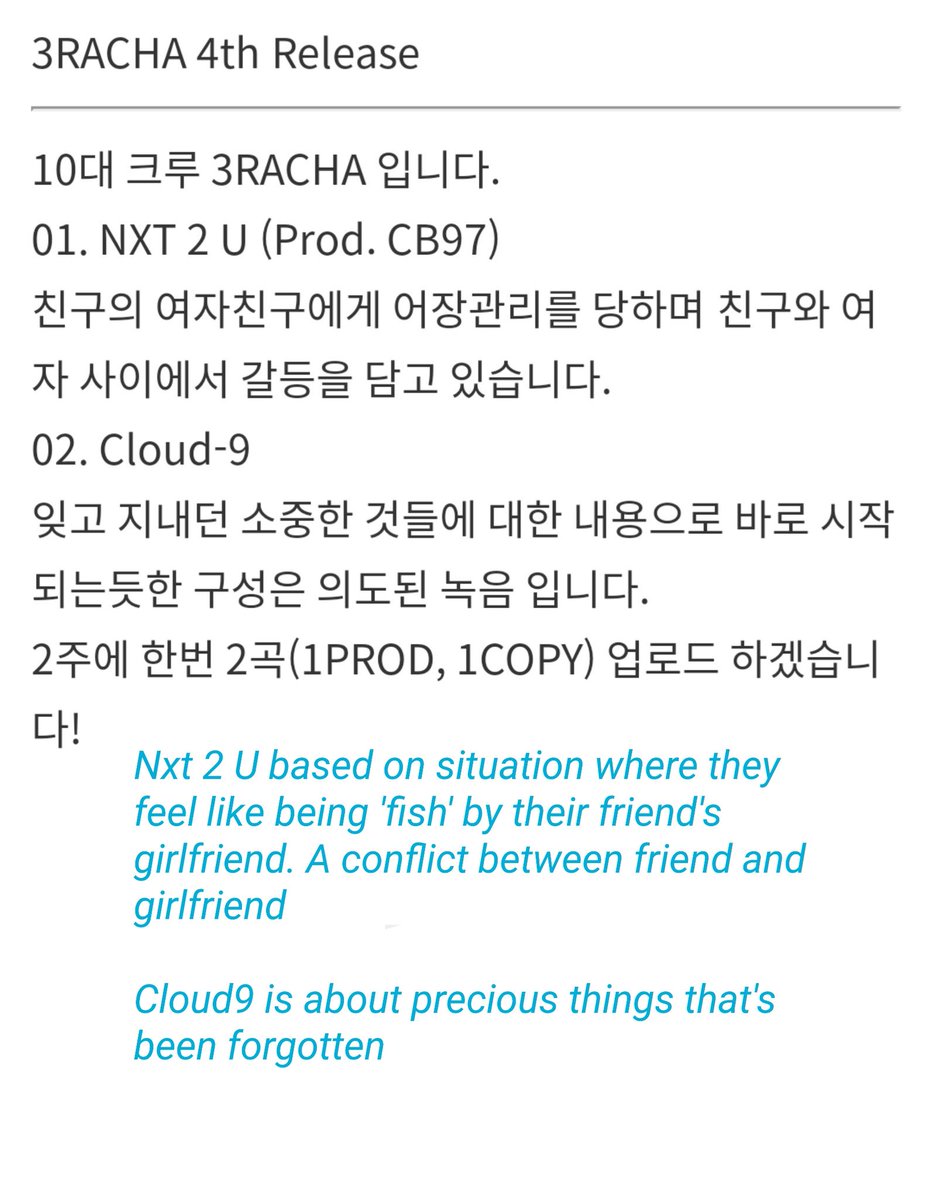 On 15th March 2017 at 10:07PM KST,  #3RACHA uploaded their 5th release:  http://hiphople.com/mixtape/9500115 Title: 3RACHA 5th Release  NXT 2 U (Prod.CB97) Cloud-93 recommends and 1 comment. I'm sure it made them happy :')