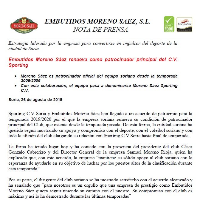 Gran noticia! Nuestro principal patrocinador, @EMorenoSaez, renueva con el equipo un año más🎉🎉 Con el acuerdo alcanzado, el equipo pasará a llamarse Moreno Saez Sporting CV Soria y llevaremos su logo en la camiseta.
#EnergíaSaludable #TorreznoDeSoria #Soria #VoleySoriano