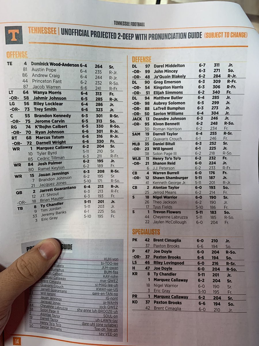 Tennessee Depth Chart