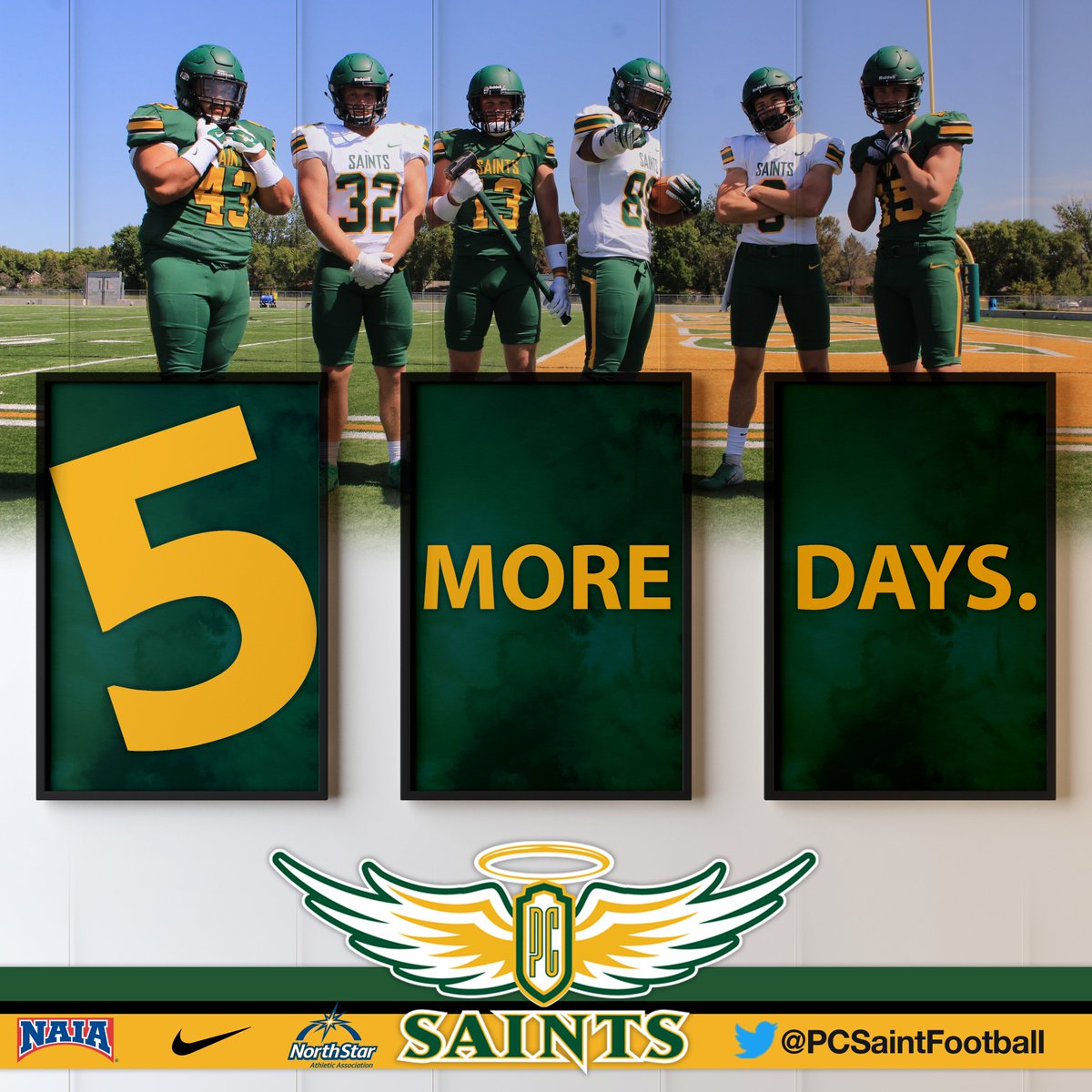 PCSaintFootball's tweet photo. You will literally never guess how many days until game day.

(It's 5 if you didn't know) 😈🙌

#WingsUp #SaintsForever https://t.co/mffj1uVyAh