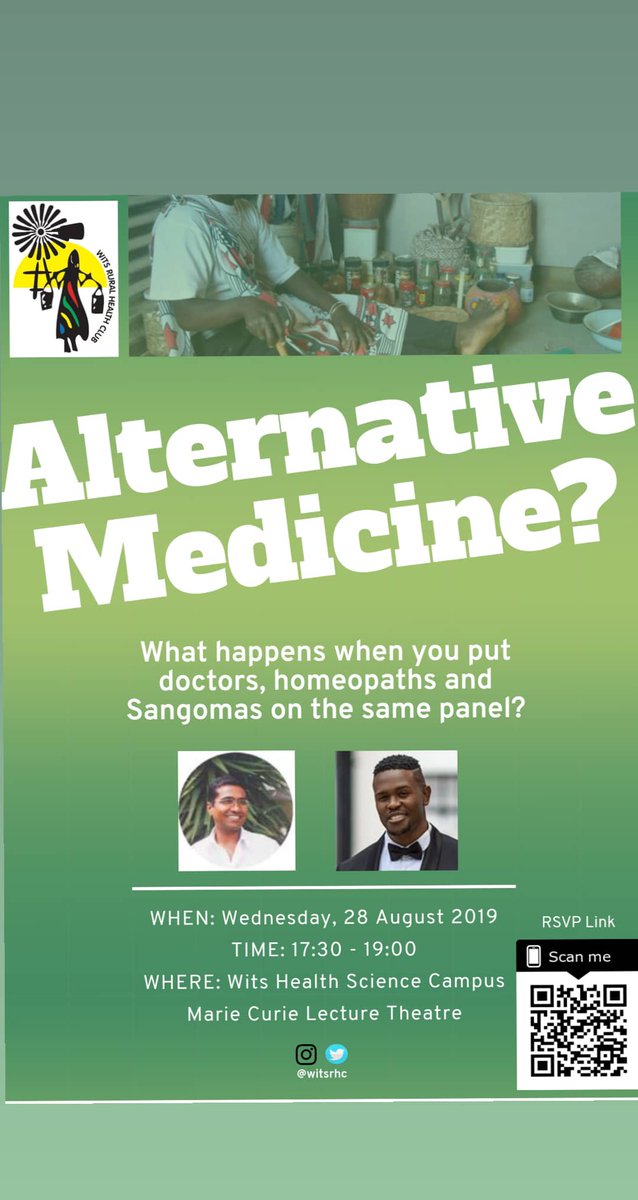 WitsRHC's tweet photo. We are less than two days away from this exciting panel discussion.

What is Alternative Medicine? What are the different forms of Alternative Medicine?
How can Western Medicine and Alternative Medicine collaborate and should they?

Join us and have your questions answered. https://t.co/ha9KaDKs3S