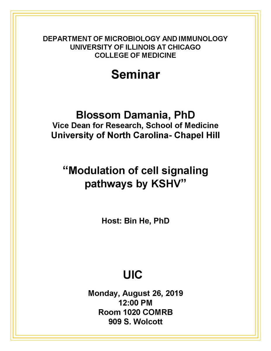 UIC Microbiology (@uicmicrobiology) on Twitter photo Join us today, at 12pm, in Moss Auditorium, 1020 COMRB, for a seminar given by Dr. Blossom Damania (<a href="/DamaniaLab/">Blossom Damania 🔬🧬🧪🦠🧫</a>) from University of North Carolina at Chapel Hill <a href="/UNC/">UNC-Chapel Hill</a>. We look forward to seeing you there! Join us today, at 12pm, in Moss Auditorium, 1020 COMRB, for a seminar given by Dr. Blossom Damania (<a href="/DamaniaLab/">Blossom Damania 🔬🧬🧪🦠🧫</a>) from University of North Carolina at Chapel Hill <a href="/UNC/">UNC-Chapel Hill</a>. We look forward to seeing you there!