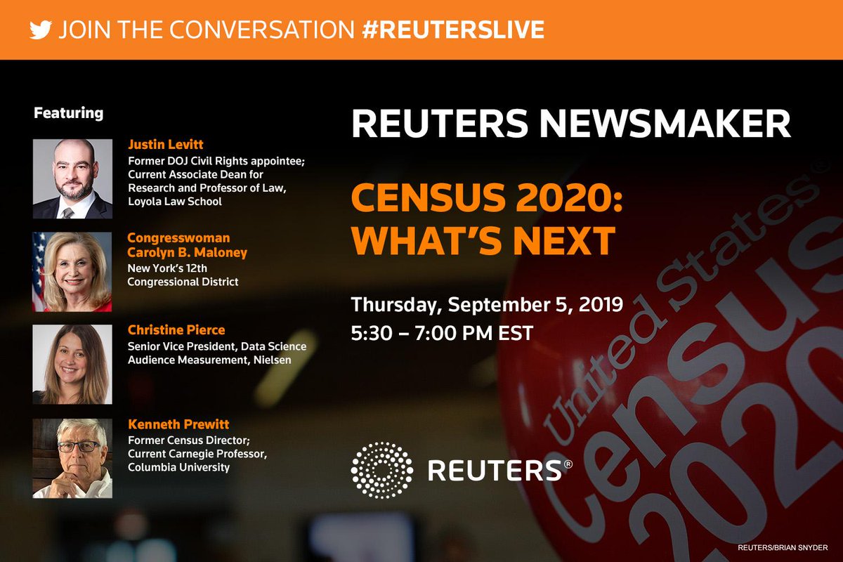 In New York on Sept. 5? Join us for a <a href="/Reuters/">Reuters</a> Newsmaker with <a href="/_justinlevitt_/">Justin Levitt</a>, <a href="/CarolynBMaloney/">Carolyn B. Maloney</a>, Christine Pierce and Kenneth Prewitt to discuss important issues facing #Census2020. ow.ly/FNF550vJQUZ  #ReutersLive
