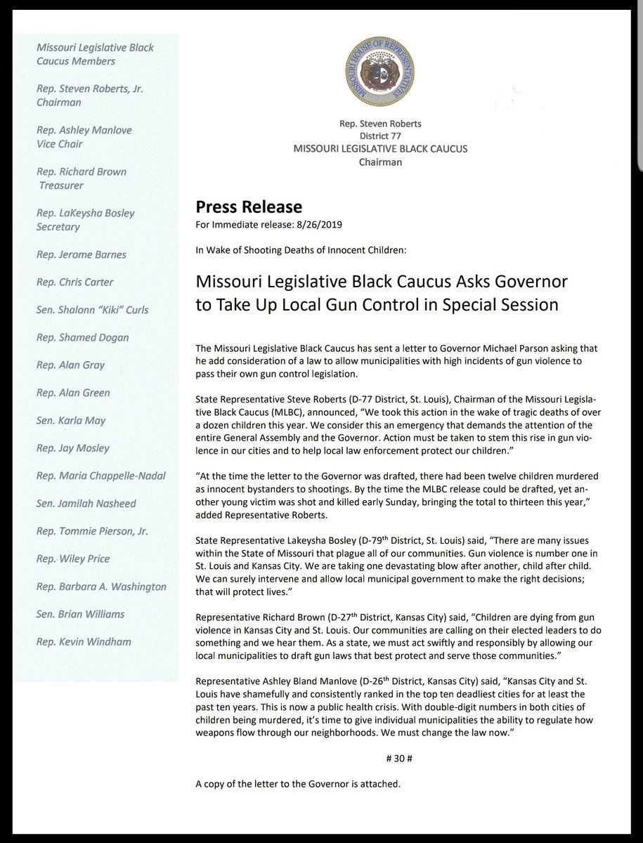 KWindham74's tweet photo. Gun violence in Missouri is an emergency that is worthy of a special session. The Missouri Legislative Black Caucus is calling upon @GovParsonMO to call a special session to address this crisis. https://t.co/qJp5nx2wop
