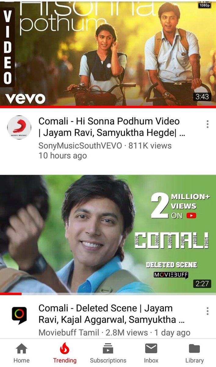 CinemaWithAB's tweet photo. #HiSonnaPothum video song trending at #No1 position๐
#ComaliDeletedScene trending at #No2 position๐ฅ
#Comali ruling the YouTube ๐๐
@actor_jayamravi @pradeeponelife @hiphoptamizha @SamyukthaHegde https://t.co/6pqYq7hXUp
