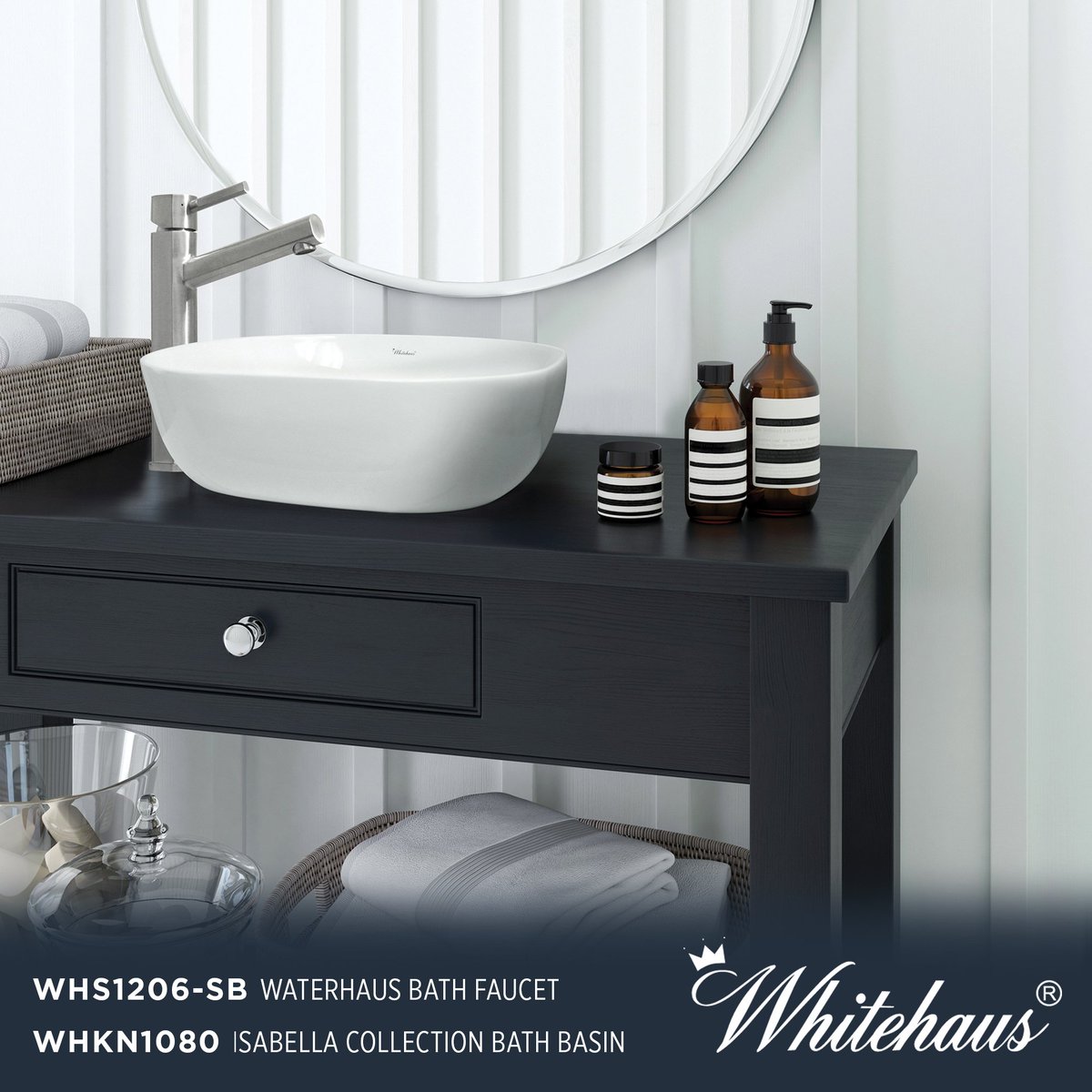 WHS1206-SB 
Waterhaus single hole, single lever stainless steel lavatory bath faucet with matching pop-up drain, in Brushed Stainless Steel. 
whitehauscollection.com/product/whs120…

WHKN1080 Isabella Collection oval above mount bath basin with center drain.
whitehauscollection.com/product/whkn10…
<a href="/WhitehausC/">Whitehaus Collection</a>
