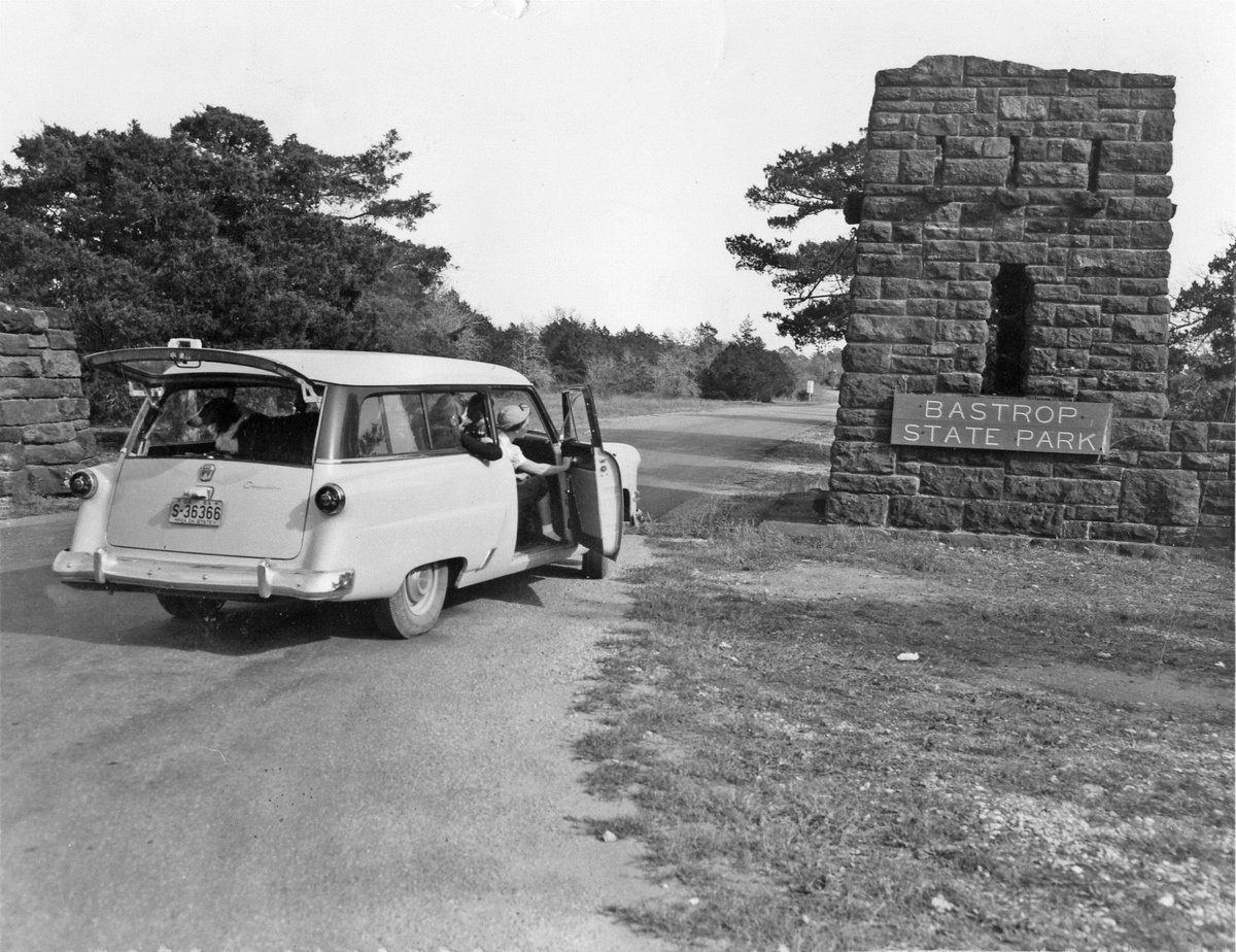 TXParksCCC's tweet photo. 🐶 *Bark Bark Bark* 🐕 (Roughly translated as, “Are we there yet?”) Happy #NationalDogDay! Pup and fam arriving at #Bastrop SP, 1959 | @TxDOT pic #txstateparks #cccparks https://t.co/pDEikcfqX7