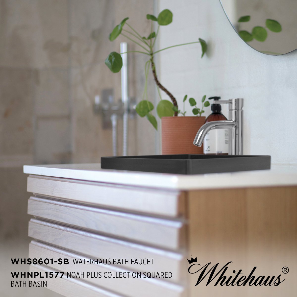 WHS8601-SB 
Waterhaus stainless steel single lever lavatory faucet in Polished Stainless Steel. 
whitehauscollection.com/product/whs860…

WHNPL1577 
Noah Plus Collection 10 gauge frame, squared semi-recessed stainless steel bath basin set, in Matte Black. 
whitehauscollection.com/product/whnpl1…