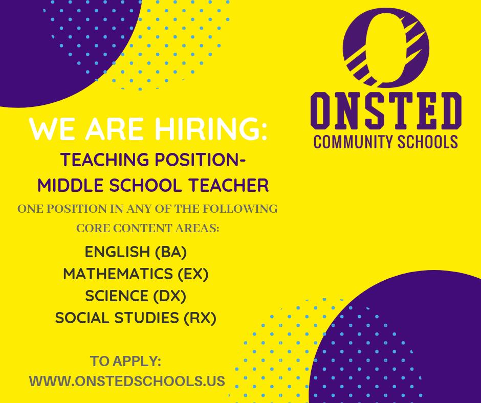 OCS is looking for a Middle School teacher. Certification can be in any of the listed areas. Please share!