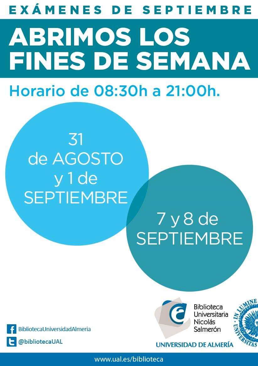 Ya está el horario especial de septiembre en <a href="/bibliotecaUAL/">Biblioteca UAL</a>‼️ #BUALInfo 😉