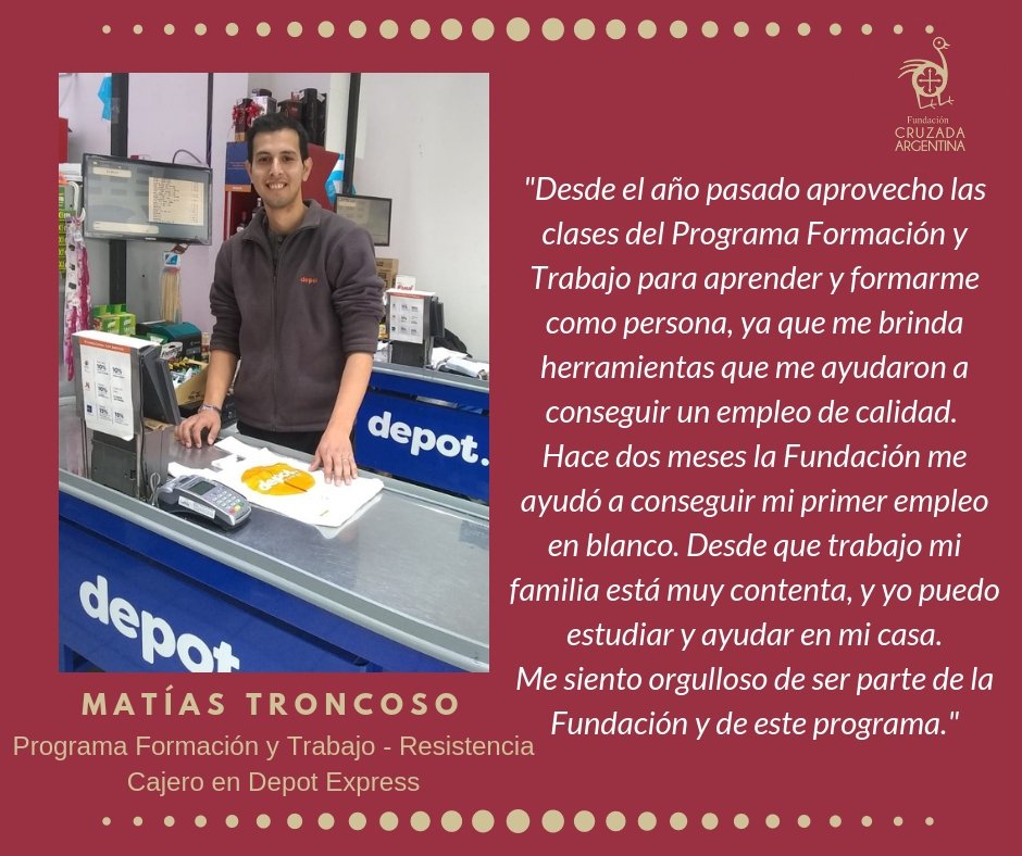 CruzadaARG's tweet photo. Compartimos la experiencia de Matías, quien logró su primer empleo formal a través del Programa de Formación y Trabajo de la alianza @CruzadaARG  - #FundaciónForge.

¡Gracias a #DepotExpress por confiar en los jóvenes del programa!

#FormaciónyTrabajo #EmpleoJoven #Chaco https://t.co/igLdTvQn6w