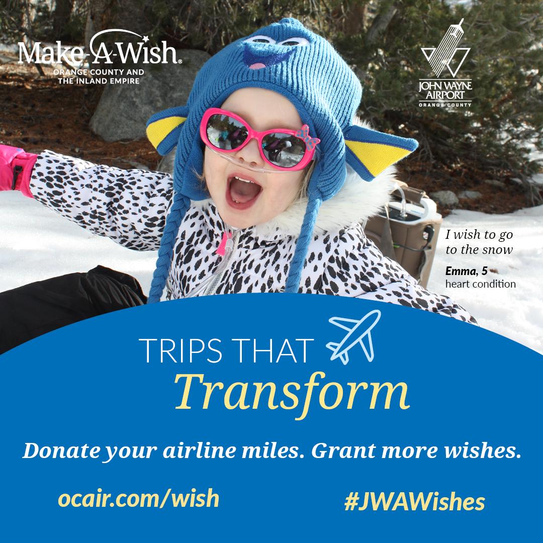 JohnWayneAir's tweet photo. Help grant travel wishes to @MakeAWishOCIE children by donating unused, low balance or soon-to-expire
@AmericanAir, @Delta, @JetBlue, @SouthwestAir,or @united miles. Once donated, airline miles never expire. Donate online at https://t.co/0g96c6nbFE. #JWAWishes #tripsthattransform https://t.co/13apYUIZ8i