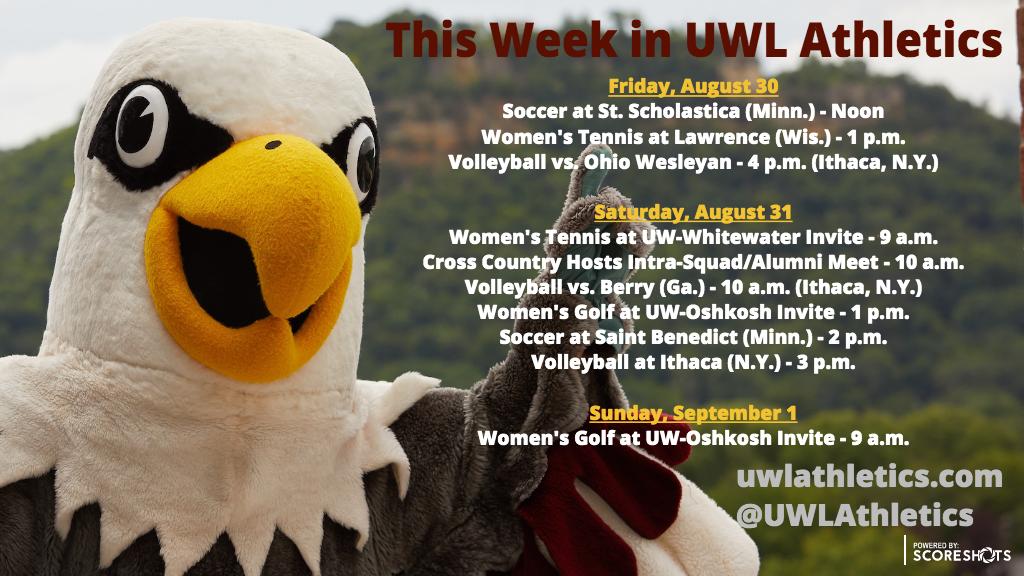 UWLAthletics's tweet photo. @UWLAthletics gets the 2019-20 season started this week with @UWL_Soccer, @UWLwomenstennis, @UWL_Volleyball, @UWLGolf and @UWLCC all in action. Go Eagles! https://t.co/VQfGKRLZKf