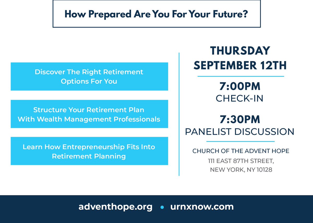 URNX_Now's tweet photo. THE COUNTDOWN IS ON!

Make sure you have signed up for our #FINANCIALFUTURE event with @adventhope on Sept 12!

You won’t want to miss it! Come learn the tips and tricks needed to plan for your #retirement.

It’s FREE!

https://t.co/Vmu1GNlkYy https://t.co/jgtwGJmtAn