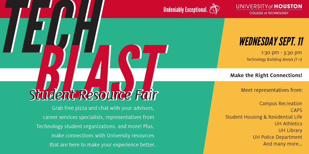 UHEngineeringSL's tweet image. Need to know what the College of Technology has to offer? Join us for TechBlast on September 11th from 1:30pm - 3:30pm to make connections and meetup with organizations, advisors and career services specialists! #UniversityofHouston #TechBlast #CollegeofTechnology