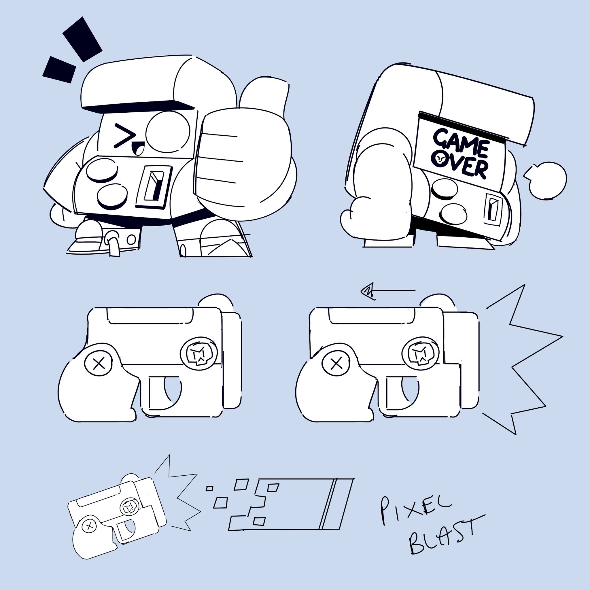 Paul On Twitter It S Been A While Here Are The Concepts For Our New Brawler 8 Bit He S A Grumpy Arcade Machine Don T Push His Buttons Brawlstars Conceptart Characterdesign Https T Co Ynggxw5u5h - dessin arkad brawl stars