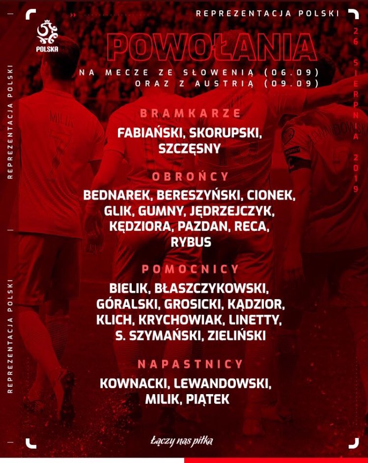 pilkarzeupdate's tweet photo. 🔴⚪️MAMY POWOŁANIA‼️
Selekcjoner Jerzy Brzęczek podał listę zawodników na mecze ze Słowenią (6.09, Ljubljana) oraz z Austrią (9.09, Warszawa).
Są zaskoczenia?👀
#SLOPOL #POLAUT #laczynaspilka #polskadawaj https://t.co/hE4IIIsF3p