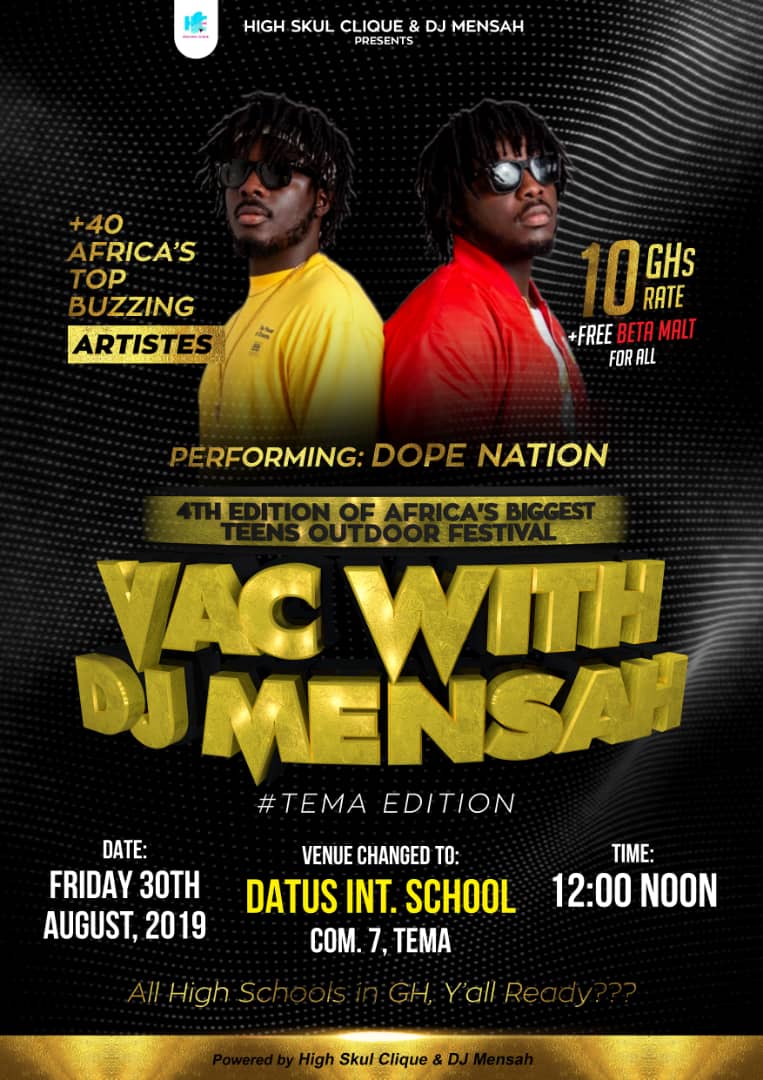 iamNanaKobby's tweet photo. THIS FRIDAY🔥🔥🔥🔥
Come this 30th of August inside Datus Intl School, Tema Community 7. Come let’s have fun with @DJMENSAH1 & @GhDopeNation
#vacwithdjmensah19
#untouchableconcert
#Highskulclique
#DatusIntSchool
#freebetaMalt
@highskulclique https://t.co/a7Z73ue2Lf