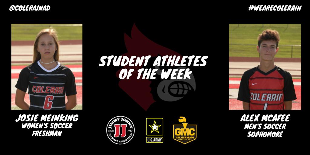 WeAreColerain's tweet photo. Congratulations to Josie Meinking and Alex McAfee, selected as this week's @jimmyjohns @USArmy Athletes of the Week! 

After two games into the season, both Josie and Alex have collected 3 goals and at least 1 assist, leading both teams to 2-0 starts! #WeAreColerain https://t.co/g6pXIphoO3