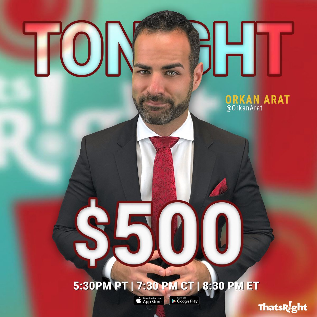 thatsright's tweet image. Different game, SAME GOAL! Throughout the week u compete w/ players from all over to collect coins &amp;amp; ticket.... But, TONIGHT u r going 2 play for 💰! 7:30PM CST - $500 w/ host, @OrkanArat!

UPDATE to the latest version! Tonight's game is only accessible for iPhone users.