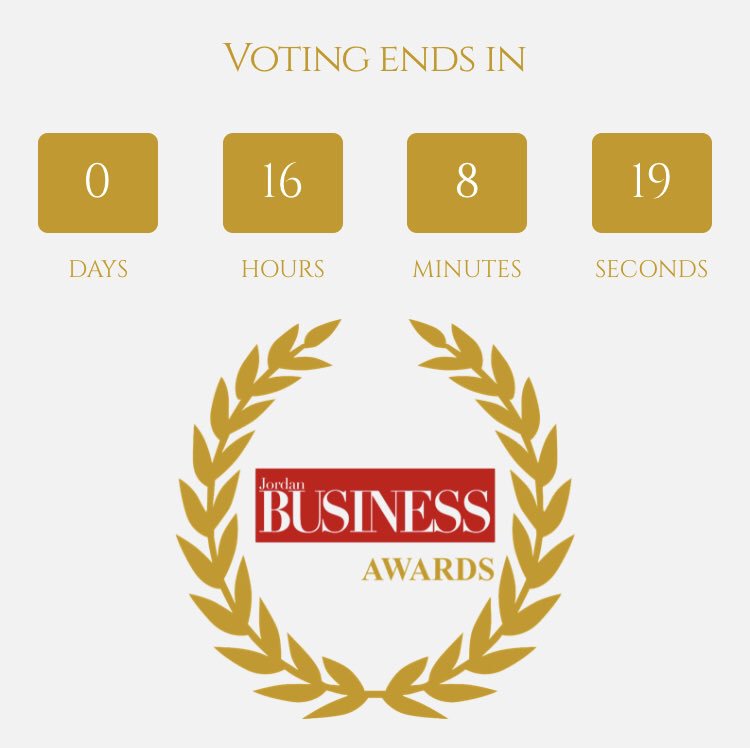 VOTING ENDS TOMORROW MIDDAY (12 pm)

Be a part in honoring great achievers and change makers in Jordan

Vote for Jordan Business Awards 2019 

Click on the link for more details;
jordanbusinessmagazine.com

 #JBAwards2019  #FrontRow  #Awards  #Jordan #Orange  #Manaseer  #Markazia
