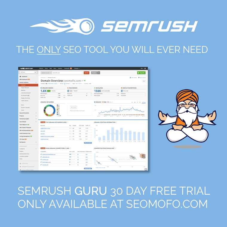 We are proud and excited to announce that we have a world exclusive fully featured SEMrush GURU 30 day trial (value of $200)! Click the link below to get started today!

semrush.com/billing/offers…