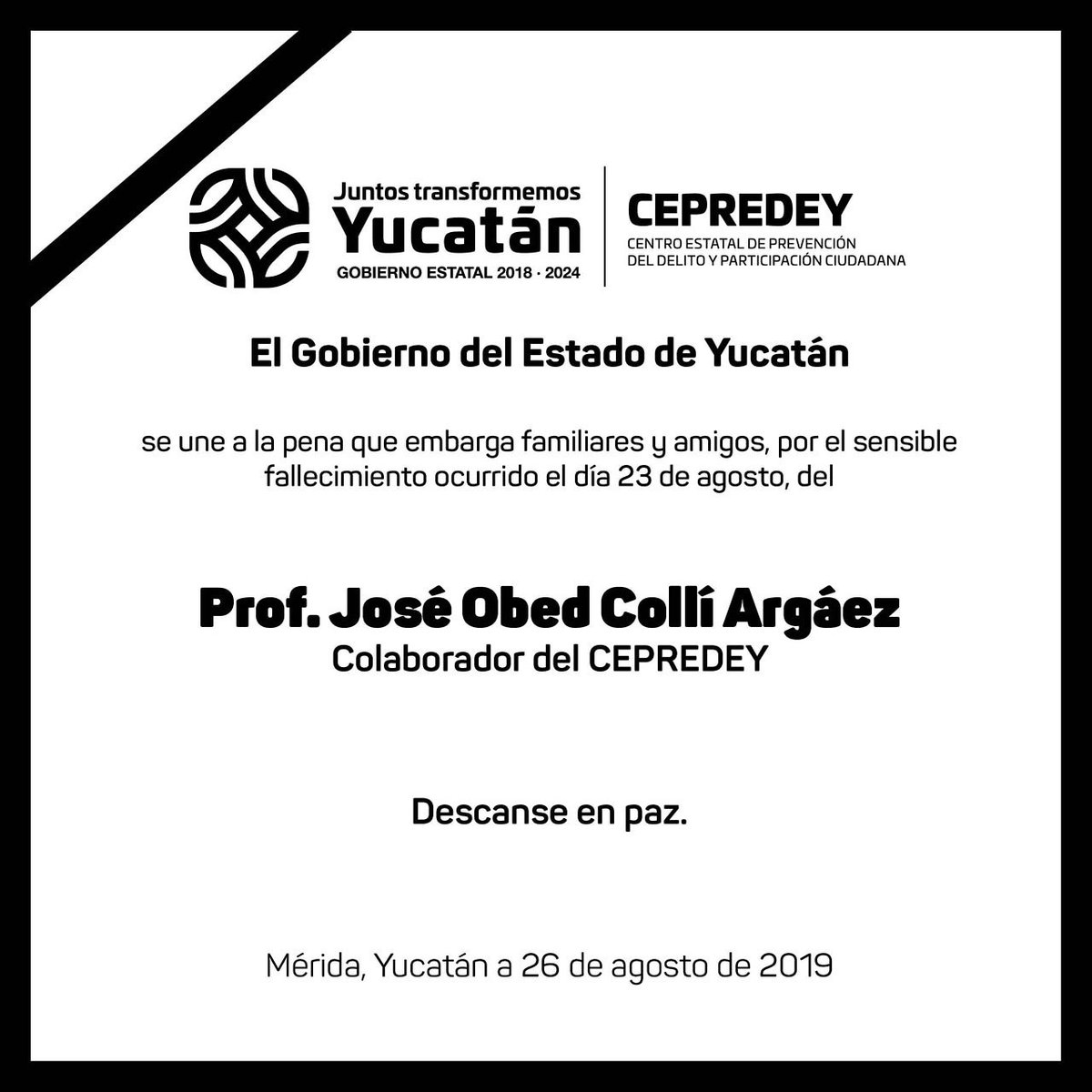 cepredey's tweet photo. Lamentamos el sensible fallecimiento de nuestro compañero el Prof. José Obed Collí Argáez, quien fuera un ejemplo de fortaleza y alegría. Descanse en paz. https://t.co/DZNrq4nj3D