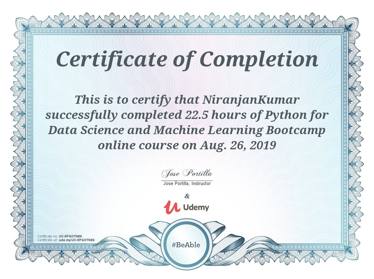 Nkumar_n's tweet photo. @AnalyticsVidhya @ykashnitsky @sirajraval Day 99: Completed the long-pending Udemy Course - Python for Data Science and Machine Learning Bootcamp. Learned basic NLP - Bag of words model and PySpark RDD transformations (1.5hrs) #100DaysOfCode #100DaysOfMLCode #SoDS19 #5khrswork https://t.co/8wRONb1uRz