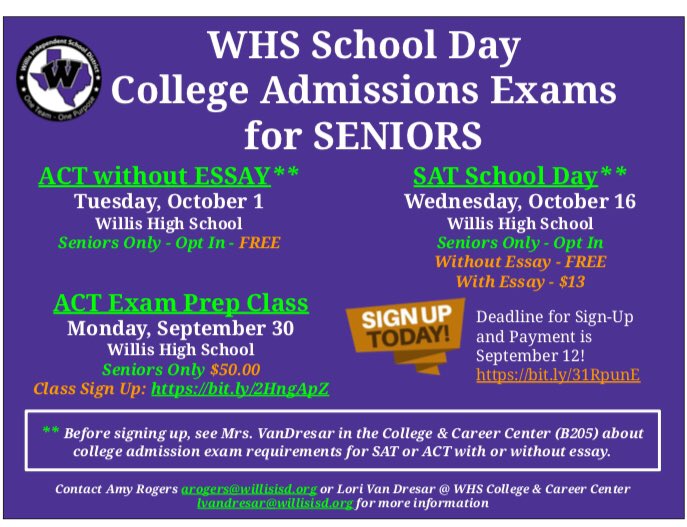 ——ATTN: Class of 2020—
Willis ISD is offering you the ACT and SAT during the school day for little to NO cost in October!!! 

Take advantage of this opportunity to increase that score before admissions!!
<a href="/WillisSchools/">Willis ISD</a> <a href="/Willis_HS_TX/">Willis High School</a> @WillisCC_Center <a href="/WHS_COUNS/">WillisHighCounselors</a> <a href="/WHSClassOf_2020/">WHS Class Of 2020</a>