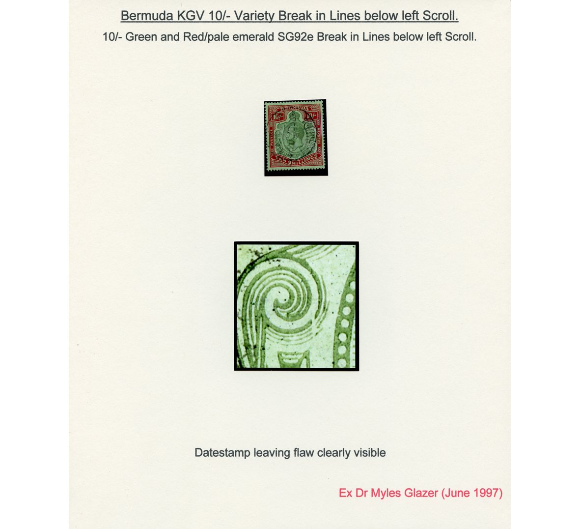 bloxhamstamps's tweet photo. M187257 - Bermuda KGV 10/- Green and Red/pale emerald SG92e Break in Lines below left Scroll. Datestamp leaving flaw clearly visible. PROVENANCE: Dr. Myles Glazer (June 1997)

#Philately #StampCollecting #Commonwealth #Stamps #Bermuda #StampswithVarieties https://t.co/imlwC6e2aB