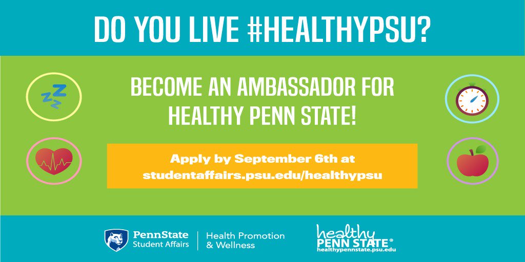 HealthPennState's tweet photo. Do you live #healthypsu? Become an ambassador for Healthy Penn State! Apply by September 6th at  https://t.co/OXN4cdH2zL https://t.co/yN8rHObVlE