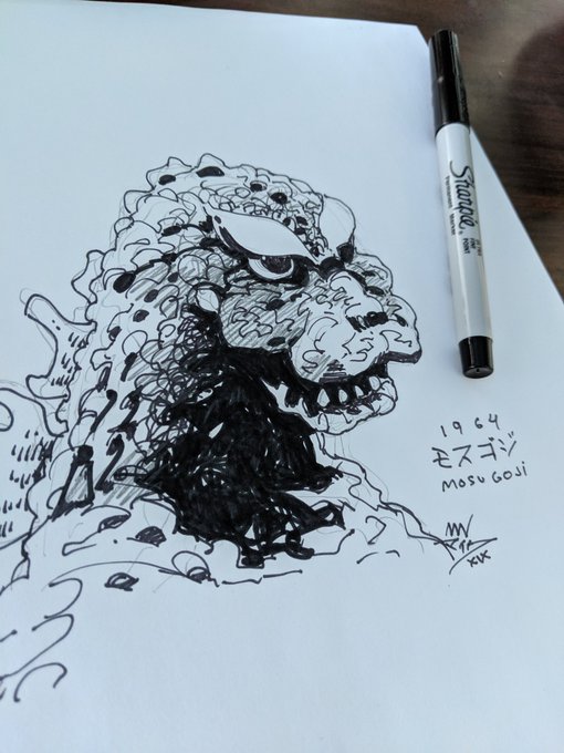 slow work day = godzilla drawings!  one of my fav suits, mosugoji <3 