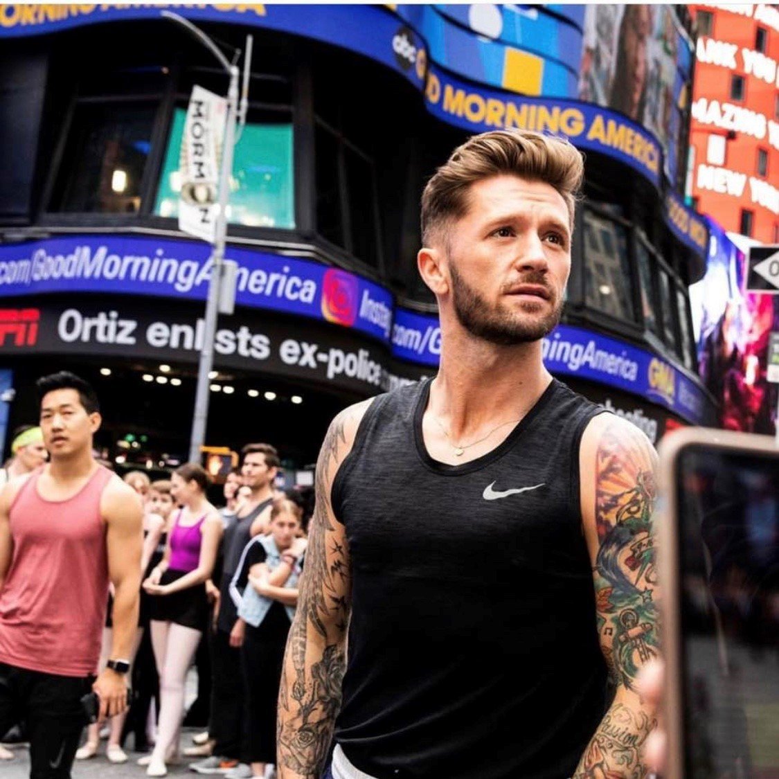 mcctheater's tweet photo. So inspiring! @traviswall, choreographer for #THEWRONGMANMCC, danced with 300 students in Times Square this morning to make a statement against bullying. #boysdancetoo https://t.co/8F8sLhNiDs