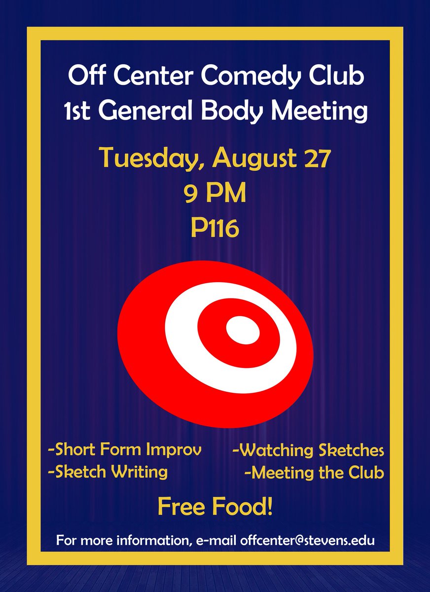 OffCenterComedy's tweet photo. Off Center GBM tommorow at 9 in Peirce 116! Come for free food, information on the club and its people, and some short form improv! https://t.co/0bRqleBmbq