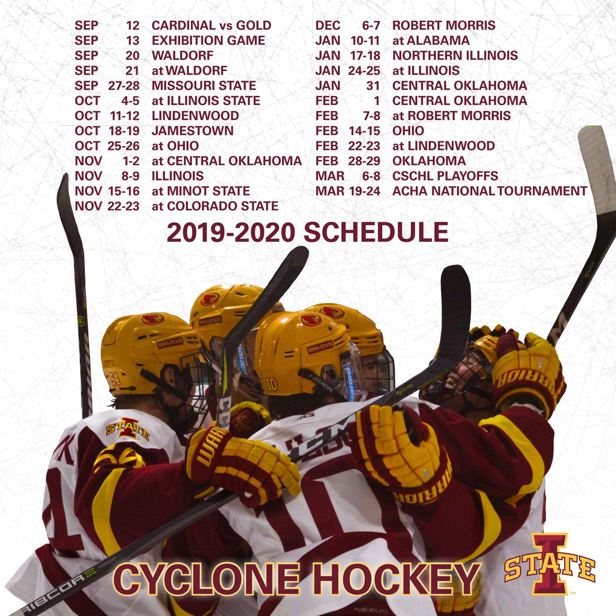 HOCKEYIOWASTATE's tweet photo. New school year, new season.
Don't miss any of the action as your ACHA National Champion Runner-Up Cyclone Hockey team returns on Sept. 13 for their first game.
Download the 2019-2020 Cyclone Hockey schedule to your calendar: https://t.co/AfjgltBlET @stanzacal #CycloneHockey https://t.co/e82gZtQZ7Y