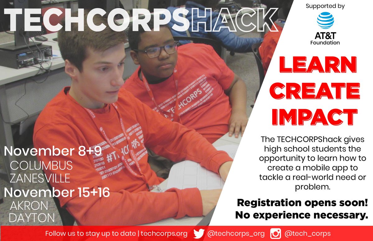 techcorpsus's tweet photo. Did we mention that each member of the winning teams will receive $200?! Applications opening soon! @ATTimpact #2019TChack #ATTOH #ATTImpact #Akron #Columbus #Dayton #Zanesville https://t.co/WWAgNcIOkw