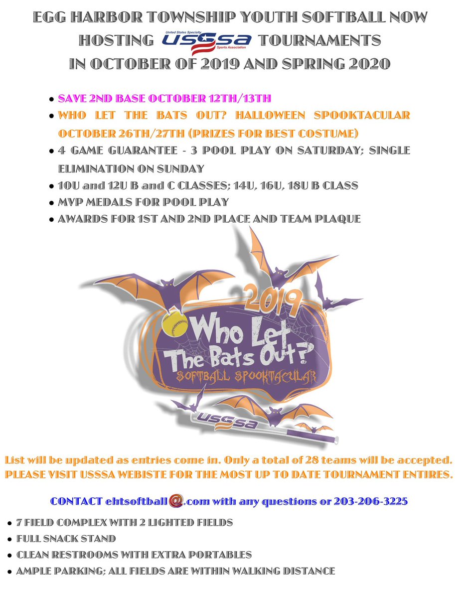 EHT Softball (@ehtsoftball) on Twitter photo Still accepting two 10U teams for our Ovarian Cancer Awareness tournament on 9/21-9/22. Also, please check out our USSSA events in October! Halloween tournament on 10/26 and  10/27 has only 1 spot for 14U and two spots for 10U! ehtsoftball.com/2019-tournam Still accepting two 10U teams for our Ovarian Cancer Awareness tournament on 9/21-9/22. Also, please check out our USSSA events in October! Halloween tournament on 10/26 and  10/27 has only 1 spot for 14U and two spots for 10U! ehtsoftball.com/2019-tournam