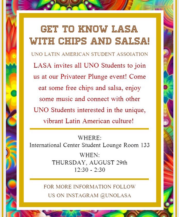 ¡Hola <a href="/UofNO/">University of New Orleans</a> students! LASA will be having a privateer plunge event this Thursday. Stop by, get some free chips &amp; salsa, and see what LASA is all about! 🙌🏽🙌🏼🙌🏾🙌🏿