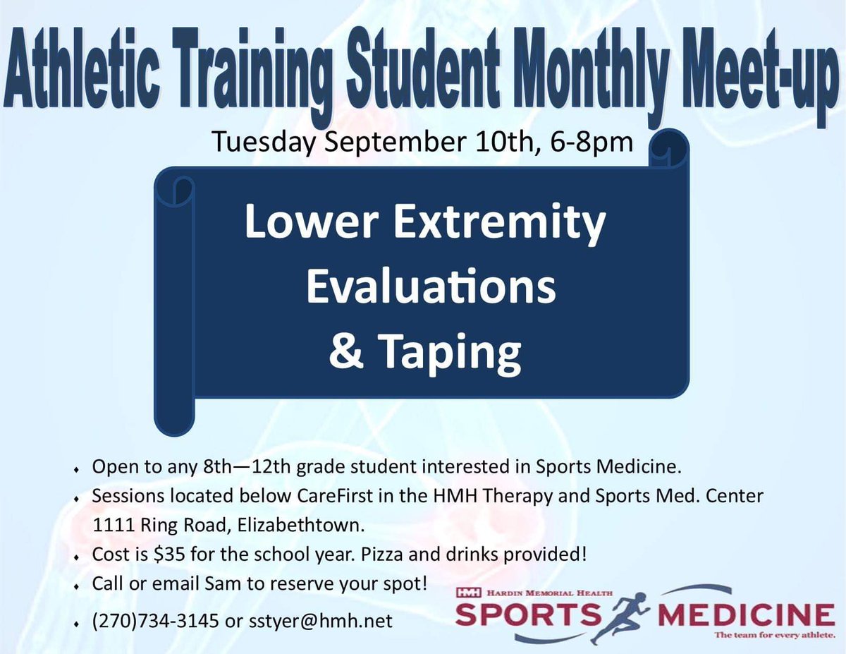 HMHSportsMed's tweet photo. Have an 8th - 12th grade student interested in sports medicine? Come see us at our September Student Monthly Meet-Up on 9/10 from 6:00 pm to 8:00 pm! Details listed below! If interested please contact Sam Styer at (270) 734-3145 or at sstyer@hmh.net. We hope to see you there! https://t.co/TRq8oXlL2p