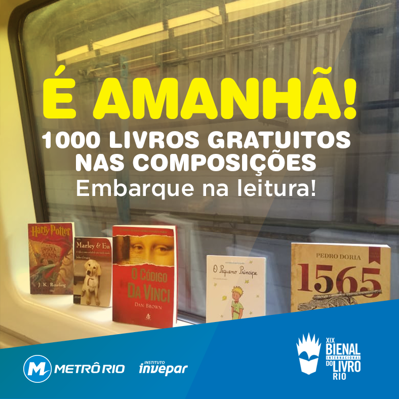 É amanhã, hein! A partir das 9h, haverá distribuição gratuita de 1.000 livros nas composições que sairão das estações Pavuna, Botafogo e Jardim Oceânico. A ação é uma parceria do MetrôRio e Instituto Invepar, com a Bienal do Livro Rio. Aproveite! :D #EmbarqueNaLeitura