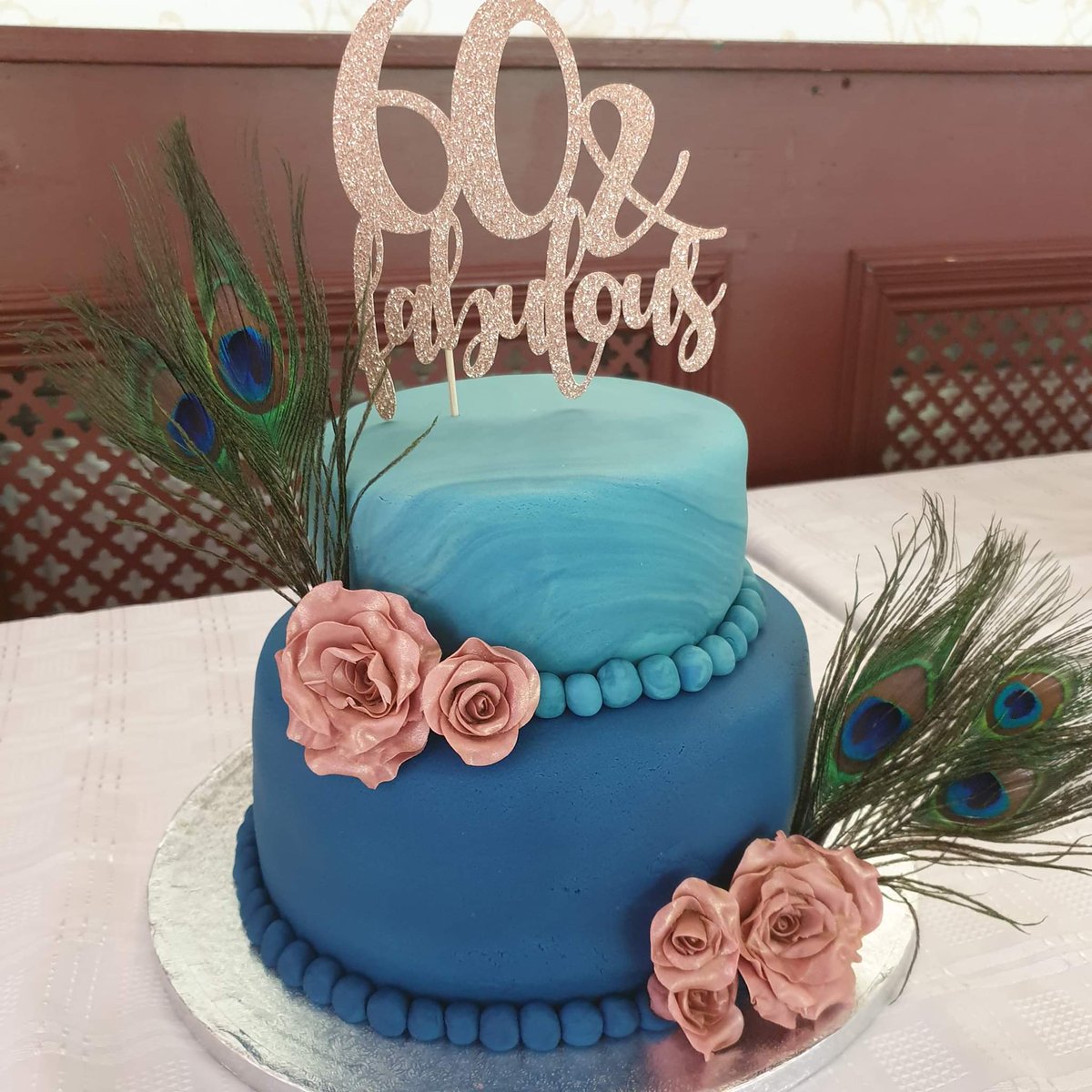 CakesPontypool's tweet photo. A peacock blue and rose gold birthday cake for a special mum. https://t.co/kxx9iX0jfH