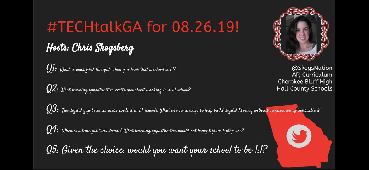 DrBurgessEdTech's tweet photo. Join us tonight at 9pm for #TECHtalkGA to discuss 1:1 environments w/host @SkogsNation!
Bring your experience, Qs, & a friend!
#CRains
@C_Rains
@apsitjen
#CBluffSLS
#forsythpln https://t.co/T0kpGgbihv
