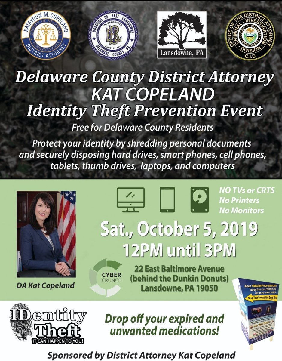 Join us Saturday 10/5/19 for a free shredding, electronic disposal, and safe medication disposal event in Lansdowne! <a href="/EastLansdowne/">EastLansdowne</a> <a href="/LansdownePolice/">Lansdowne Police</a> <a href="/ELPoliceDept/">East Lansdowne PD</a> #delcoda #delcohtf #IDtheftprevention